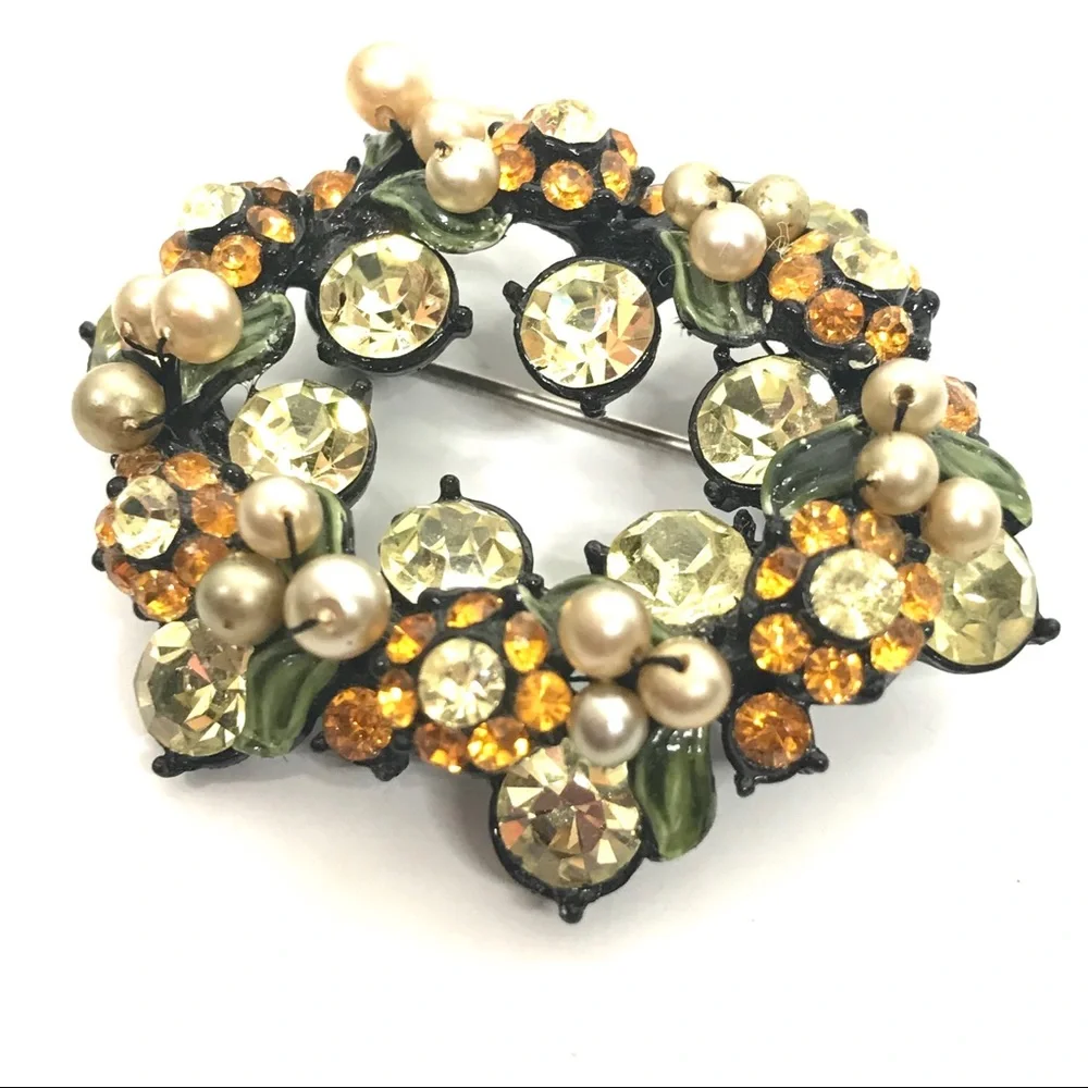 Vintage Rhinestone Brooch Flower Leaf Faux Pearl